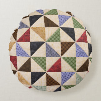 Colourful Patchwork Quilt: Flower Texture. Round Cushion