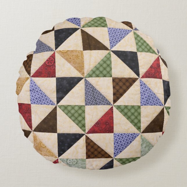 Colourful Patchwork Quilt: Flower Texture. Round Cushion (Front)