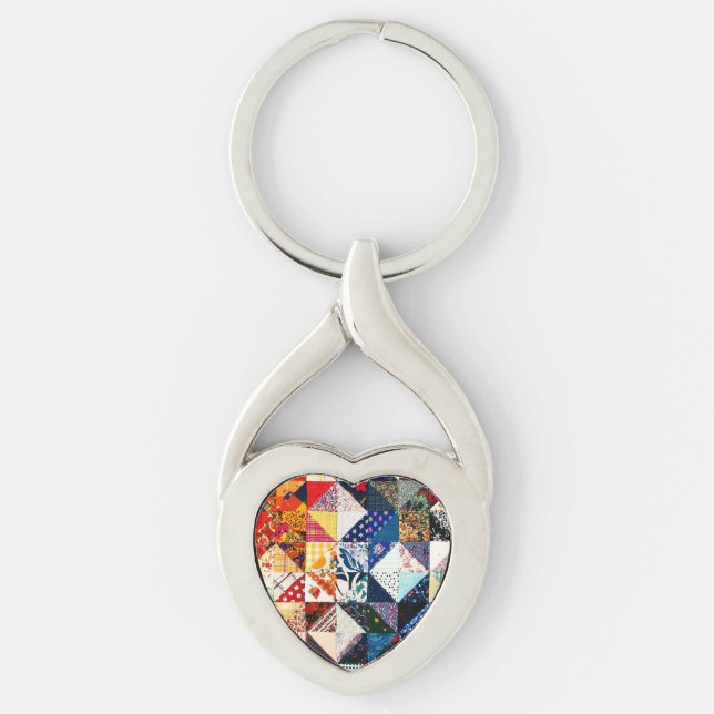 Colourful Patchwork Quilt Heart Key Ring (Front)