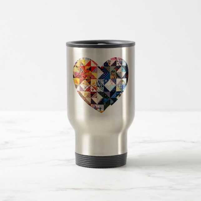 Colourful Patchwork Quilt Heart Travel Mug (Center)