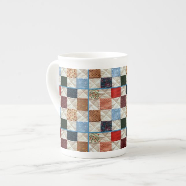Colourful patchwork quilt pattern bone china mug (Front Left)