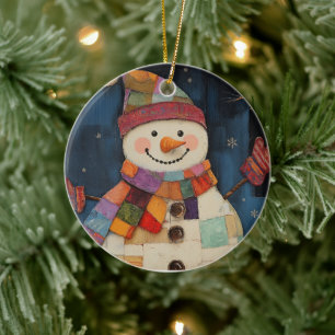 Colourful Patchwork Snowman Christmas Ornament