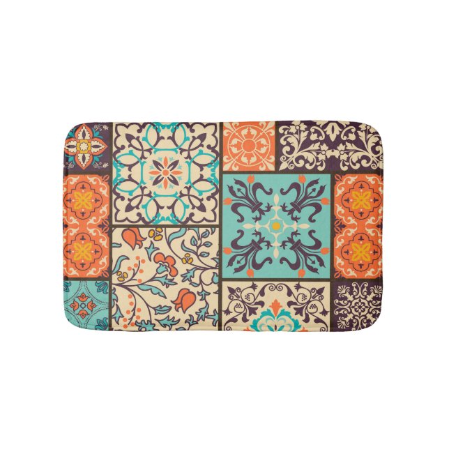 Colourful Patchwork Tile: Islamic Majolica Motifs Bath Mat (Front)