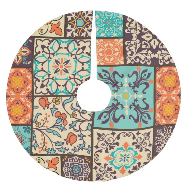 Colourful Patchwork Tile: Islamic Majolica Motifs Brushed Polyester Tree Skirt (Front)
