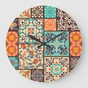 Colourful Patchwork Tile: Islamic Majolica Motifs Large Clock