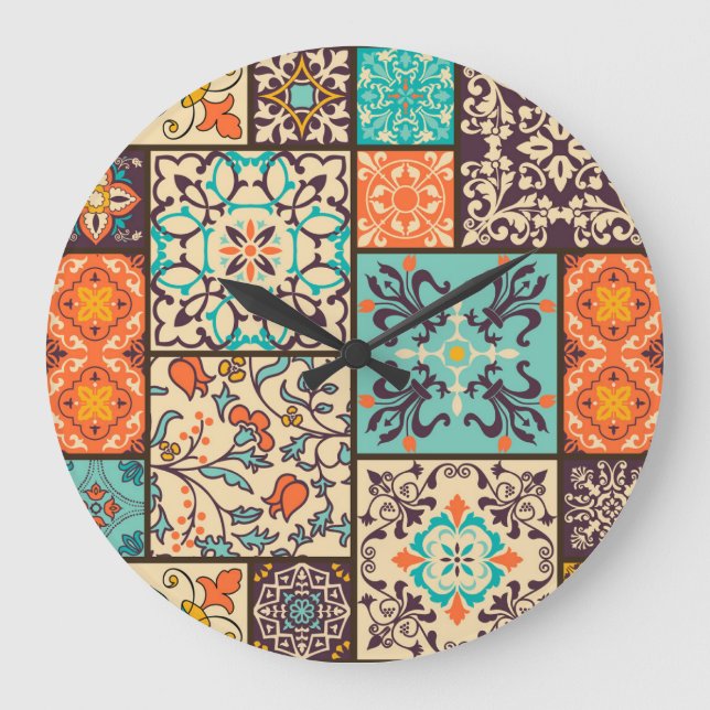 Colourful Patchwork Tile: Islamic Majolica Motifs Large Clock (Front)