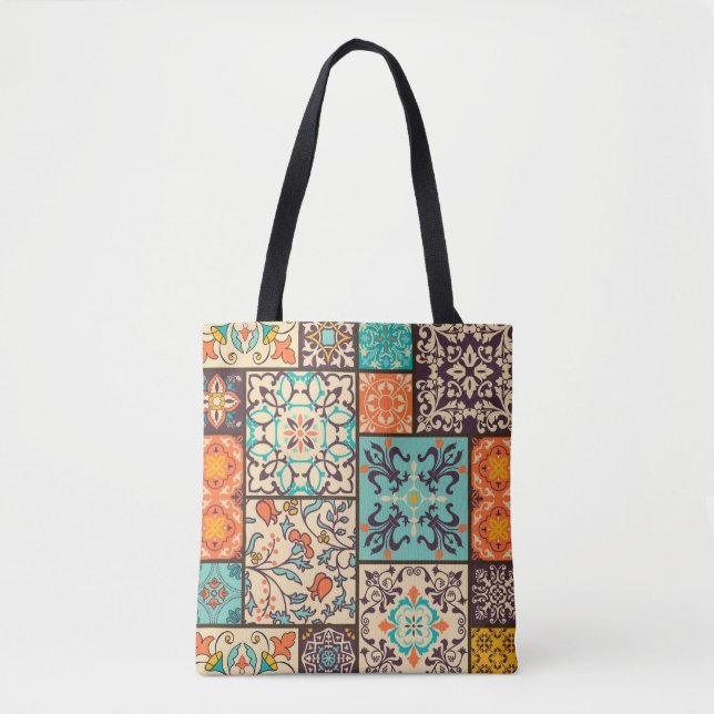 Colourful Patchwork Tile: Islamic Majolica Motifs Tote Bag (Front)