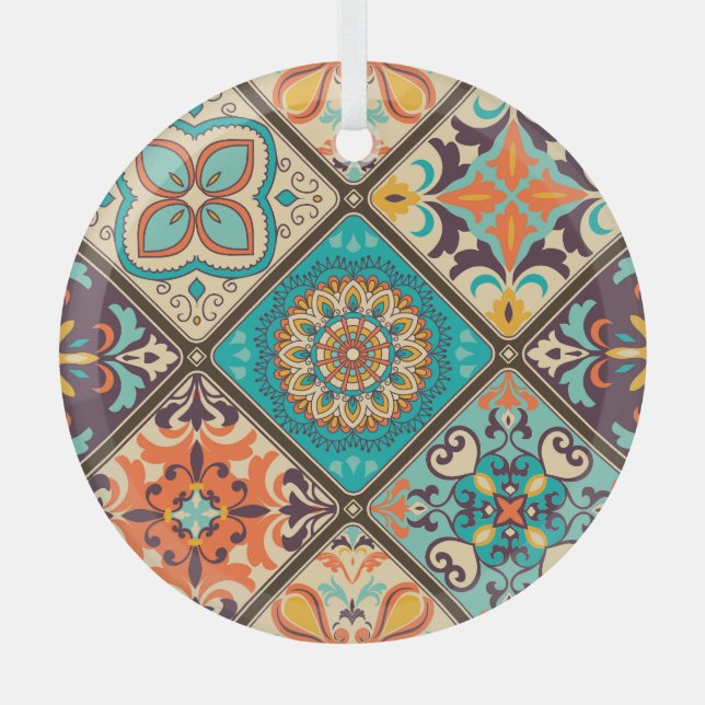 Colourful patchwork tile: Islamic motifs. Glass Tree Decoration (Front)