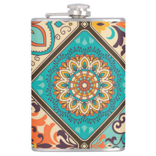 Colourful patchwork tile: Islamic motifs. Hip Flask