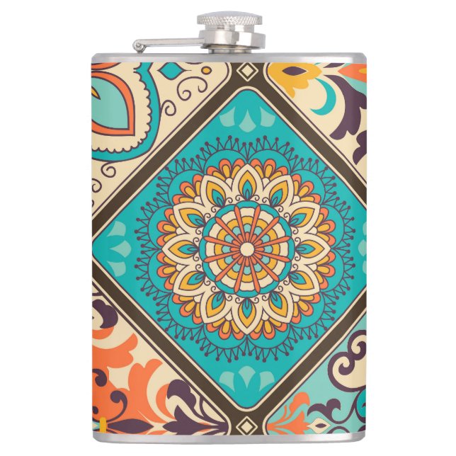 Colourful patchwork tile: Islamic motifs. Hip Flask (Front)
