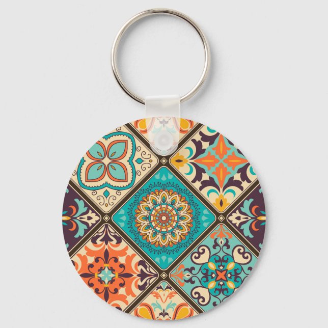 Colourful patchwork tile: Islamic motifs. Key Ring (Front)