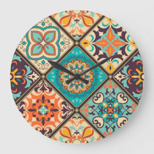 Colourful patchwork tile: Islamic motifs. Large Clock