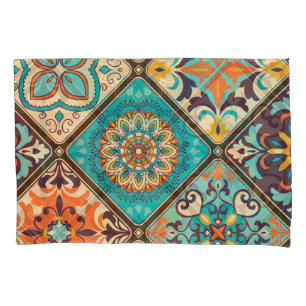 Colourful patchwork tile: Islamic motifs. Pillowcase