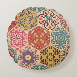 Colourful Patchwork Tile Islamic Motifs Round Cushion