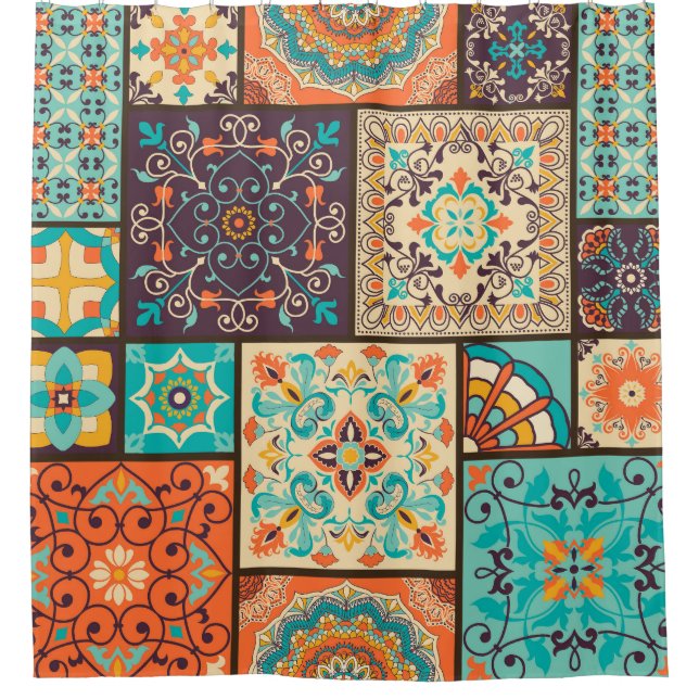 Colourful patchwork tile: Islamic motifs. Shower Curtain (Front)