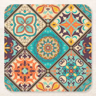 Colourful patchwork tile: Islamic motifs. Square Paper Coaster