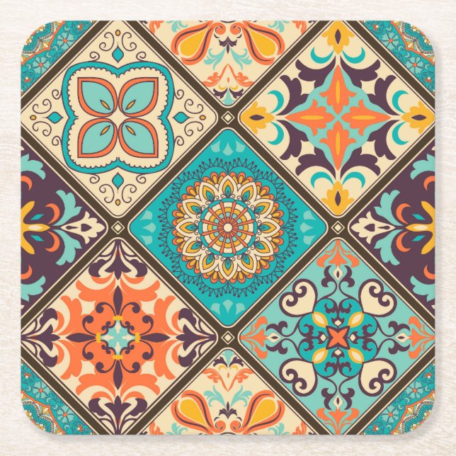 Colourful patchwork tile: Islamic motifs. Square Paper Coaster (Front)