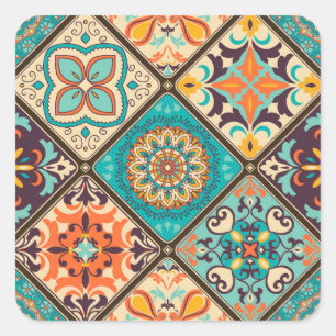Colourful patchwork tile: Islamic motifs. Square Sticker