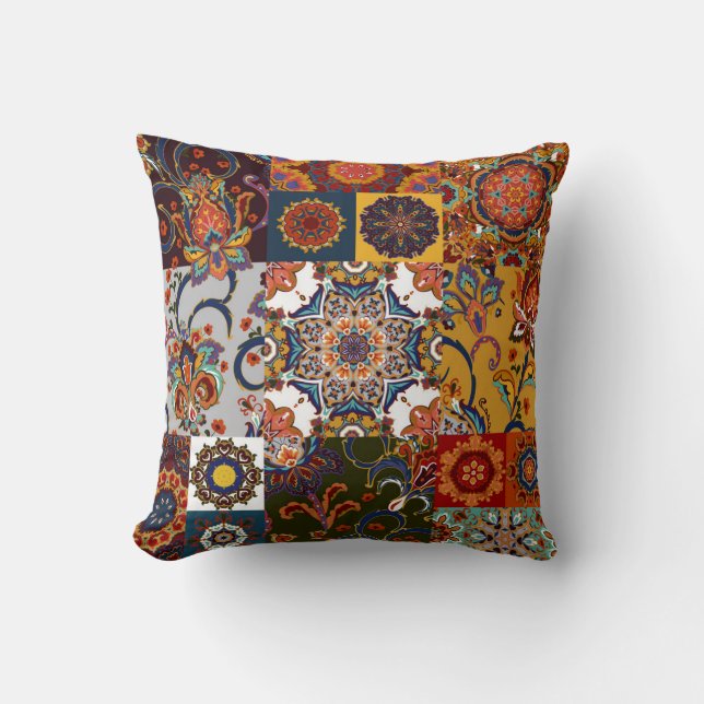 Colourful Patchwork Tile: Majolica Pottery Style Cushion (Front)