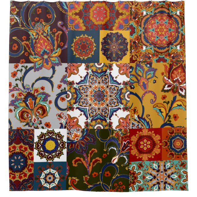 Colourful Patchwork Tile: Majolica Pottery Style Shower Curtain (Front)