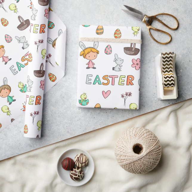 Colourful Pattern Bunnies Eggs Kids Easter Wrapping Paper (Crafts)
