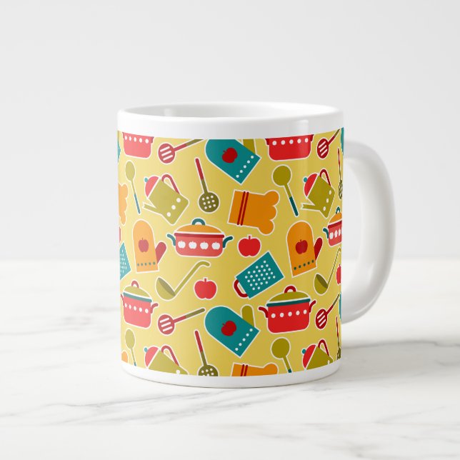 Colourful pattern of kitchen utensils large coffee mug (Front Right)