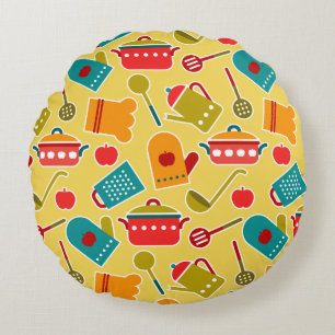 Colourful pattern of kitchen utensils round cushion