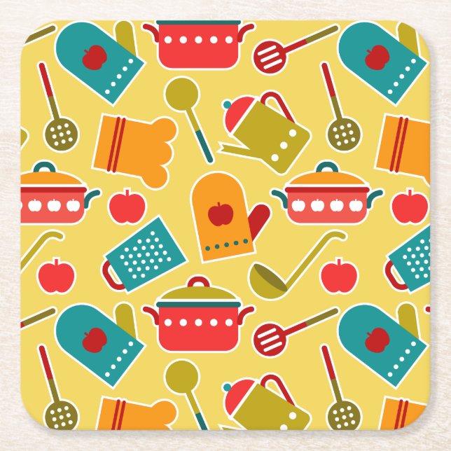 Colourful pattern of kitchen utensils square paper coaster (Front)