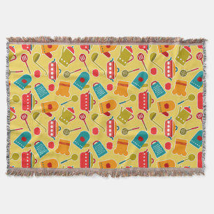 Colourful pattern of kitchen utensils throw blanket