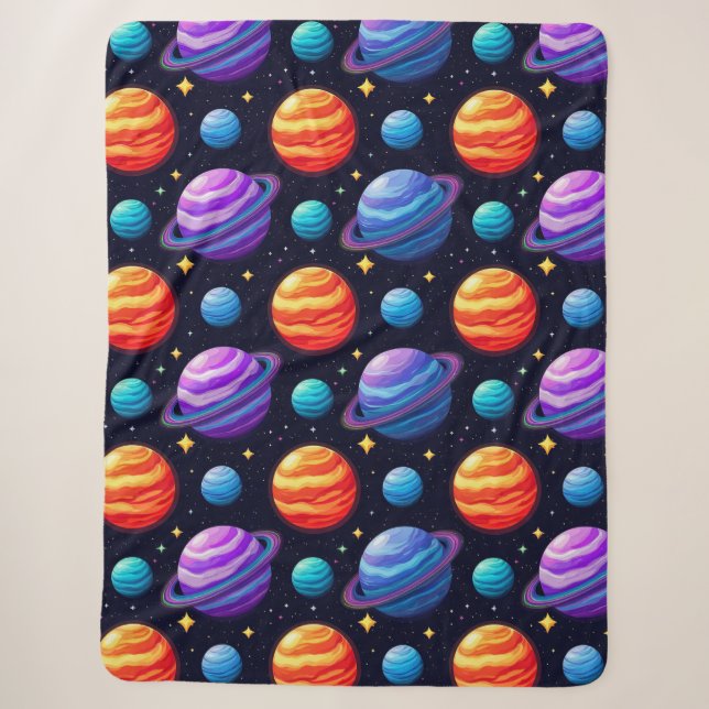 Colourful Pattern of Planets and Stars Sherpa Blanket (Front)