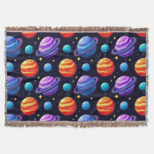 Colourful Pattern of Planets and Stars Throw Blanket