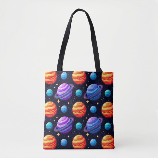 Colourful Pattern of Planets and Stars Tote Bag (Front)