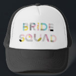 Colourful Pattern Typography Modern Bride Squad Ha Trucker Hat<br><div class="desc">Festive trucker hat featuring BRIDE SQUAD in colourful modern typography with mixed patterns. This will be perfect for bridal showers and bachelorette parties. Matching items are available.</div>