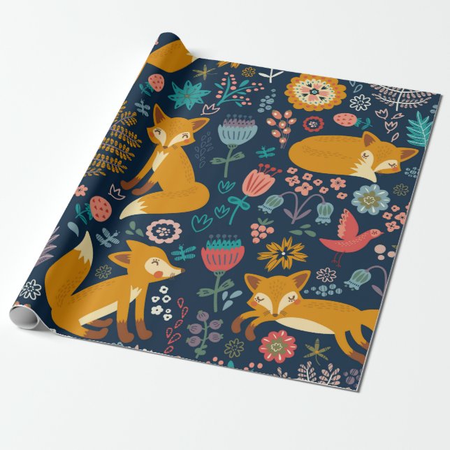 Colourful pattern with a foxfox,pattern,forest,fal wrapping paper (Unrolled)