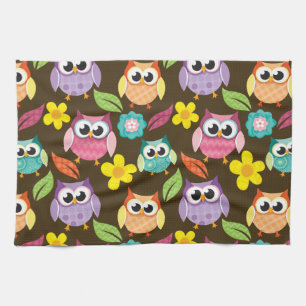 Colourful Patterned Owls and Flowers Tea Towel