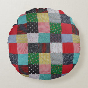 colourful patterned squares of vintage patchwork round cushion