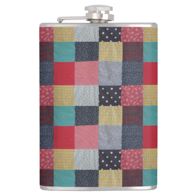 colourful patterned squares vintage patchwork hip flask (Front)