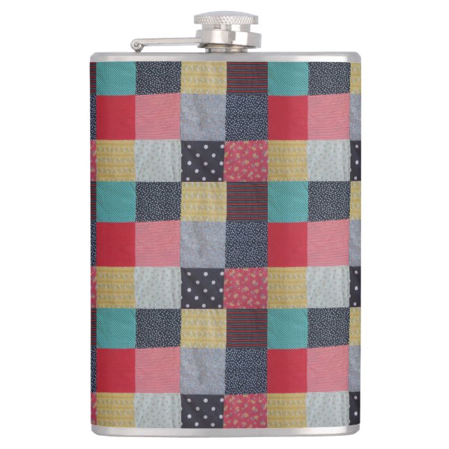 colourful patterned squares vintage patchwork hip flask (Front)