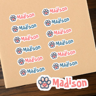 Colourful Paw Print and Heart Custom Name Label Se
