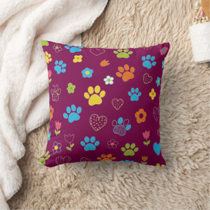 Colourful Paw Print, Heart, and Flower Pattern  Cushion