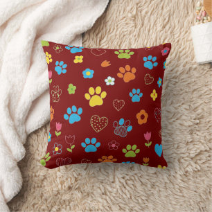 Colourful Paw Print, Heart, and Flower Pattern Cushion