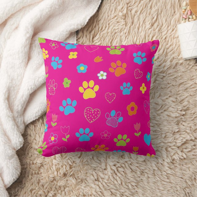 Colourful Paw Print, Heart, and Flower Pattern  Cushion (Blanket)