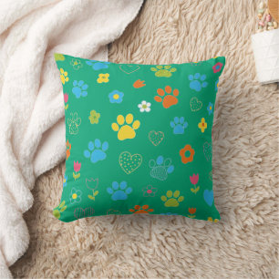 Colourful Paw Print, Heart, and Flower Pattern Cushion