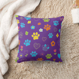 Colourful Paw Print, Heart, and Flower Pattern Cushion