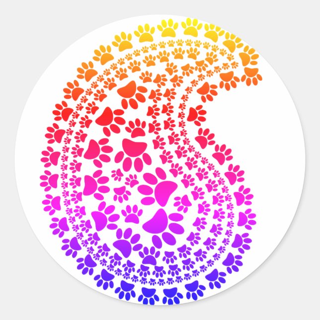 Colourful Paw Print Paisley Pattern Classic Round Sticker (Front)