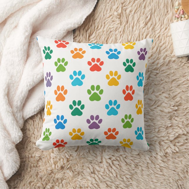 Colourful Paw Print Pattern Throw Pillow  (Blanket)