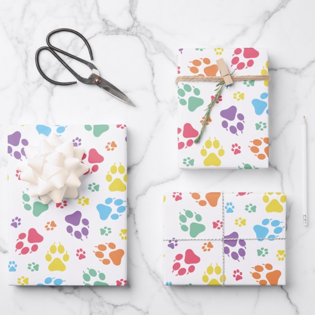 Colourful Paw Print Pattern Wrapping Paper Sheet (Front)