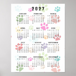 Colourful Paw Prints 2027 Wall Calendar