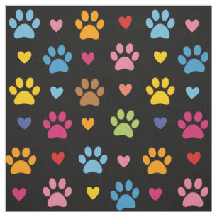 Colourful Paw Prints and Hearts on Black Cotton Fabric