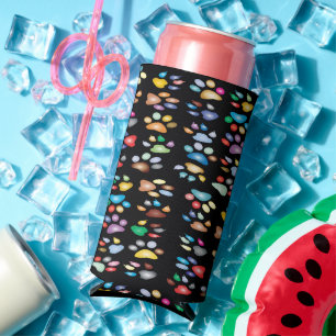 Colourful paw prints black seltzer can cooler